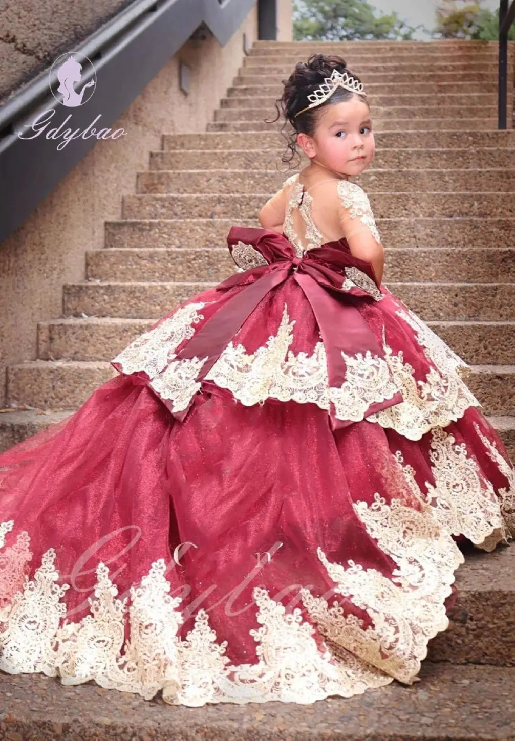 Vestido roxo dourado com apliques de flor para casamento, personalizado com laço até o chão, festa de aniversário infantil, vestido de primeira comunhão