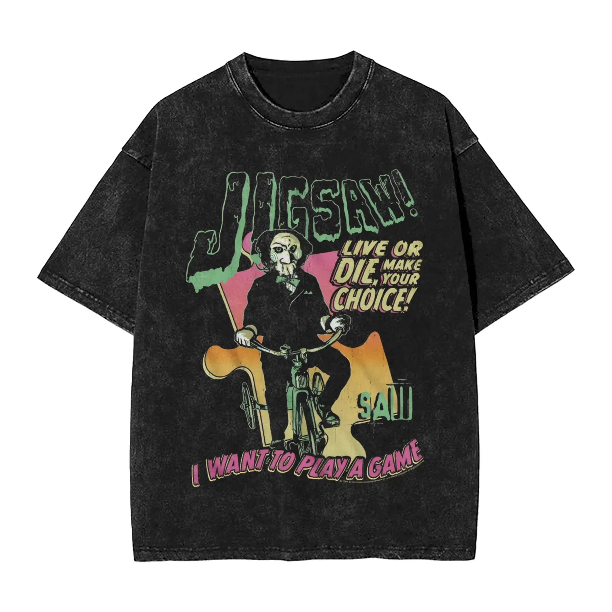 Jigsaw I Want To Play Game Saw Washed T Shirts Streetwear Hip Hop Retro T-Shirts  Tees for Men Women Short Sleeve Harajuku