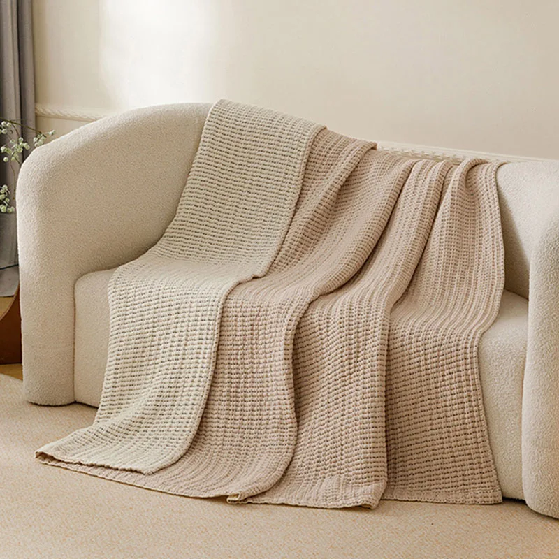 Multifunctional Cotton Gauze Towel Blanket Thick Office Waffle Blanket for Four Seasons Skin-Friendly Soft Bed Quilt for Bedroom