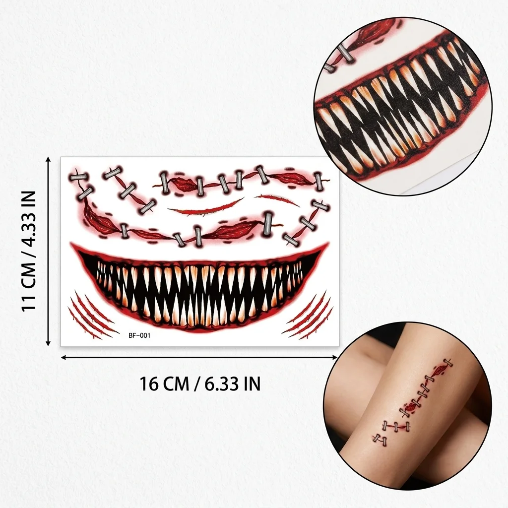Disposable Mouth Scar Halloween Temporary Tattoo Stickers Waterproof Horror Monster Face Body Art Makeup Cosplay Prop Decals
