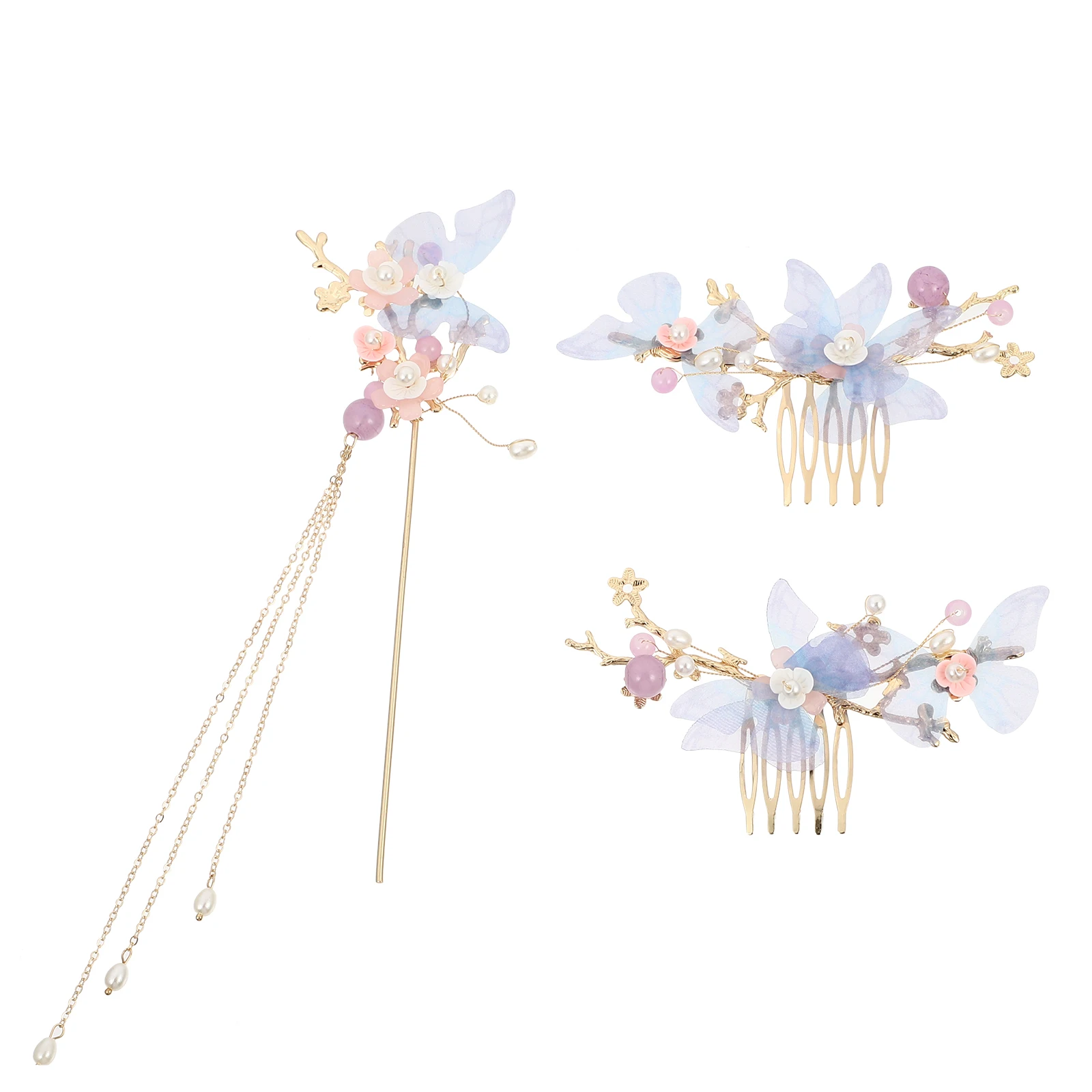 

Chinese Hanfu Hairpins Alloy Flower Crystal Pearl Long Tassel Earrings Hair Accessories Set Bride Wedding Party Gifts