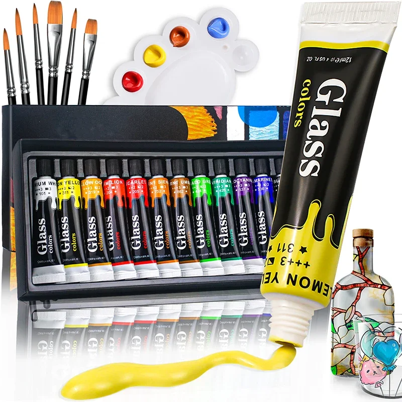 12 24 Colors Stain Glass Paint Set with 6 Nylon Brushes, 1 Palette, Waterproof Acrylic Enamel Painting Kit for Art Supplies