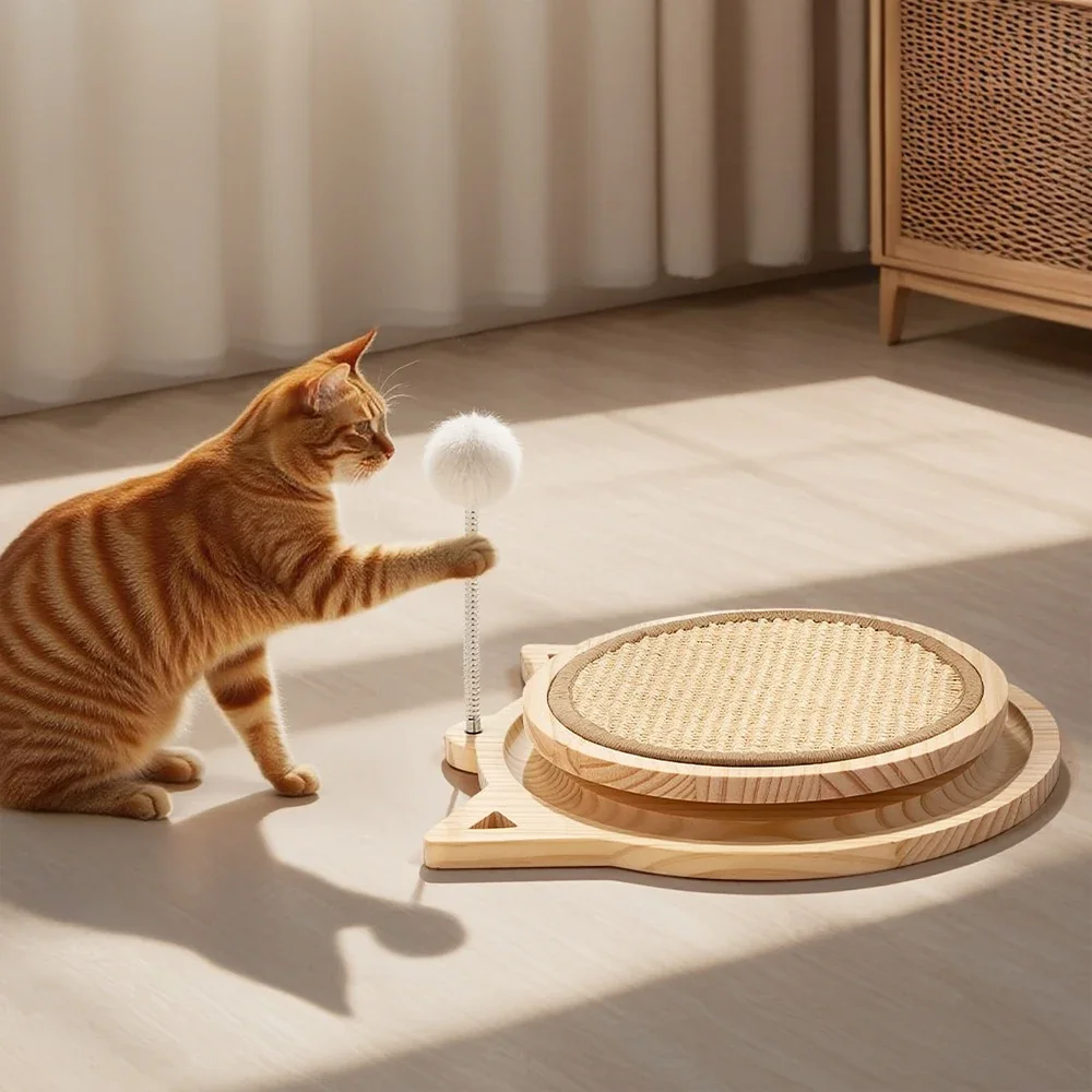 

Sisal Cat Scratching Board Turntable Scratcher with Solid Wood Ball Track Spring Ball Wear-Resistant Kitten Claw Grinding Toys