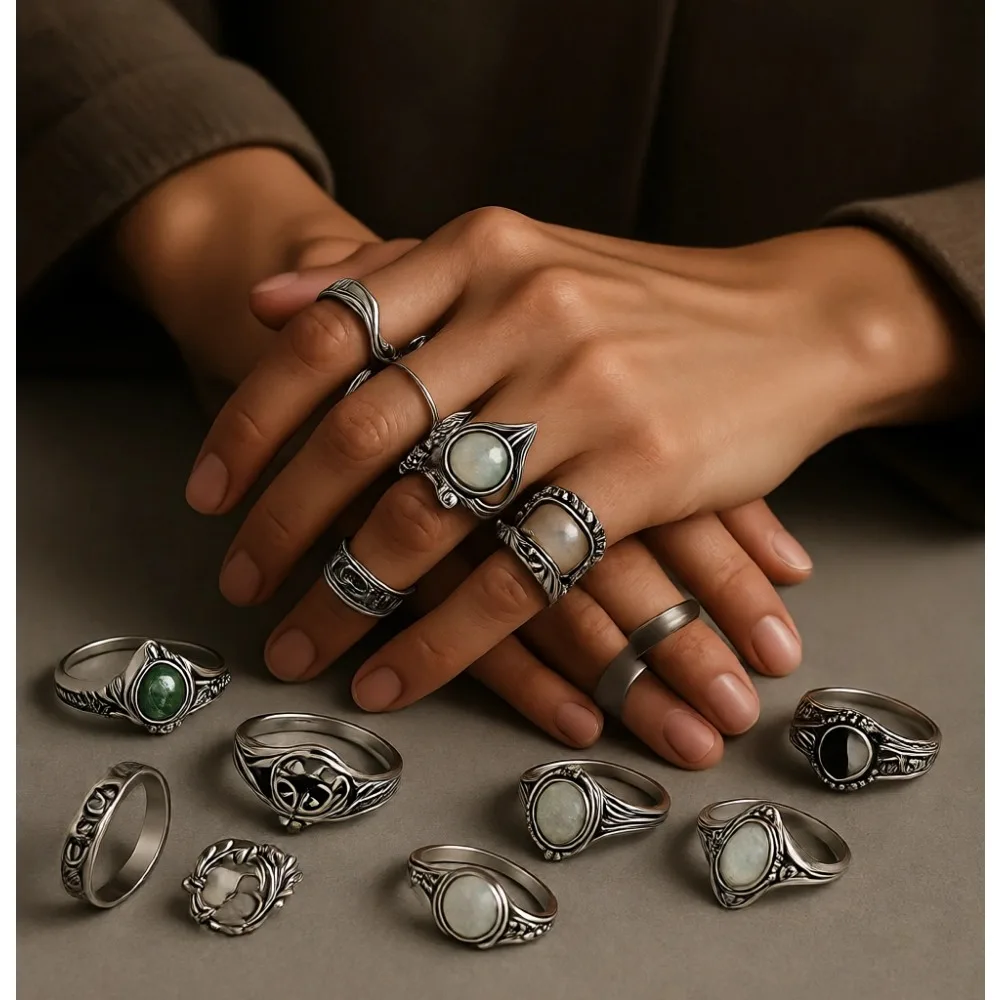 Juego de 42 Anillos Apilables Ajustables de Estilo Gótico Vintage para Hombre y Mujer, con Diseños de Calavera, Serpiente, Corazón, Estrella y Flor