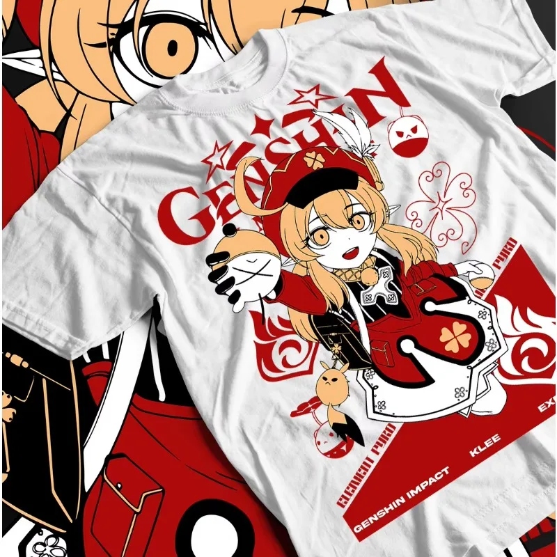 Trend Summer Cosplay Neutral Black and White Klee Genshin Impact T-Shirt Gorou Ganyu Kawaii Anime Manga Gift Shirt All Sizes
