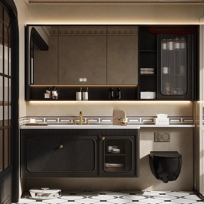 French retro bathroom cabinet combination rock slab hot bending integrated basin toilet extended side toilet washstand cabinet