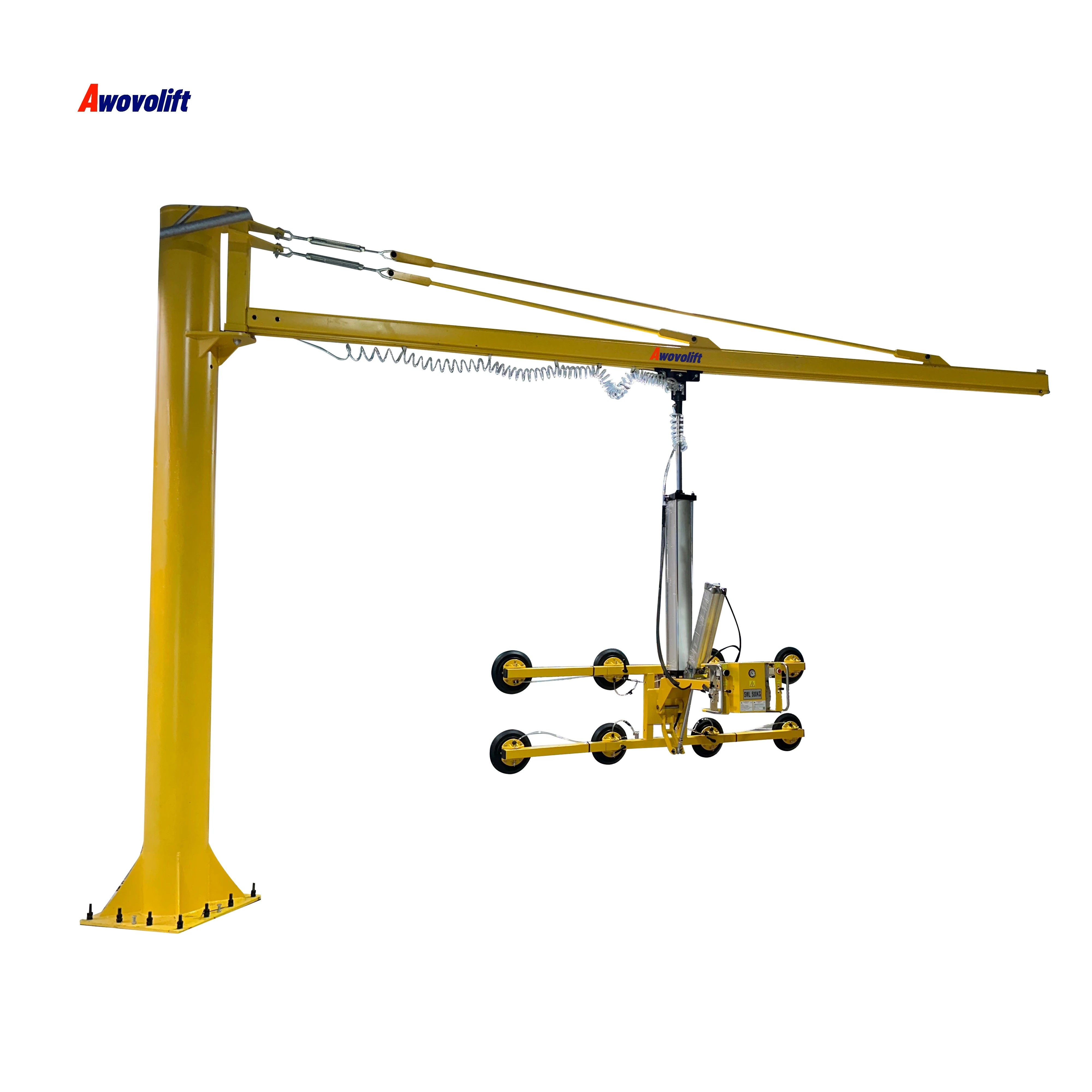 

Awovolift Air Power Pneumatic Glass Vacuum Suction Cup Lifter Flip Handle Transport Glass Process Line with Jib Crane CE 500KG