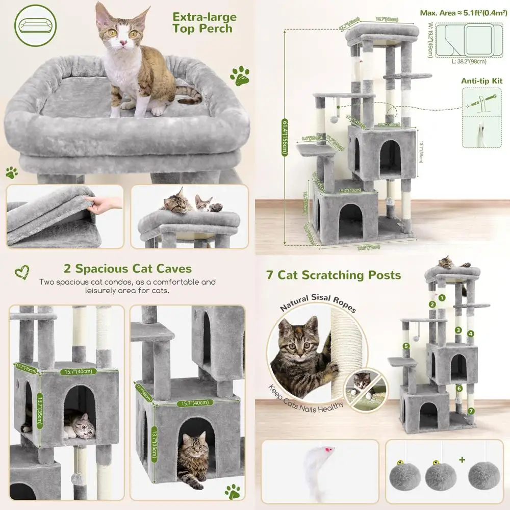

Sturdy Indoor Cat Tree for Large Felines, 61 Maine Coon-Sized, Grey, with High Perch and Scratching Post