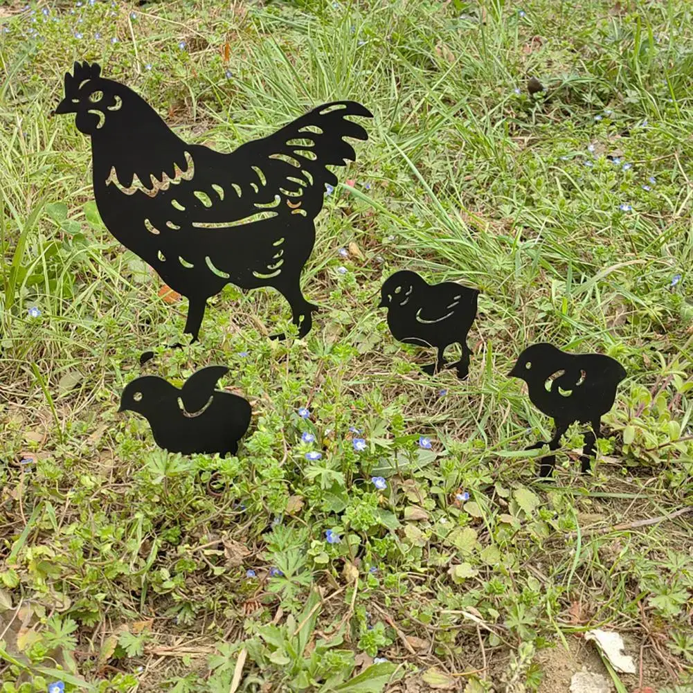 4Pcs Black Chicken Sign Easter Pathway Chicken Sign Outdoor Metal Animal Silhouette Card Garden Art for Yard Patio Lawn Pathway