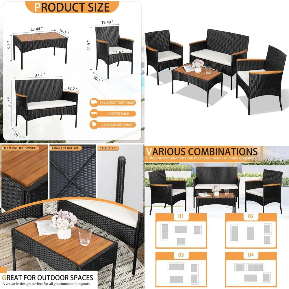 

4-Piece Outdoor Wicker Patio Furniture Set with Cushions and Wooden Table for Backyard Pool Garden, Black Rattan