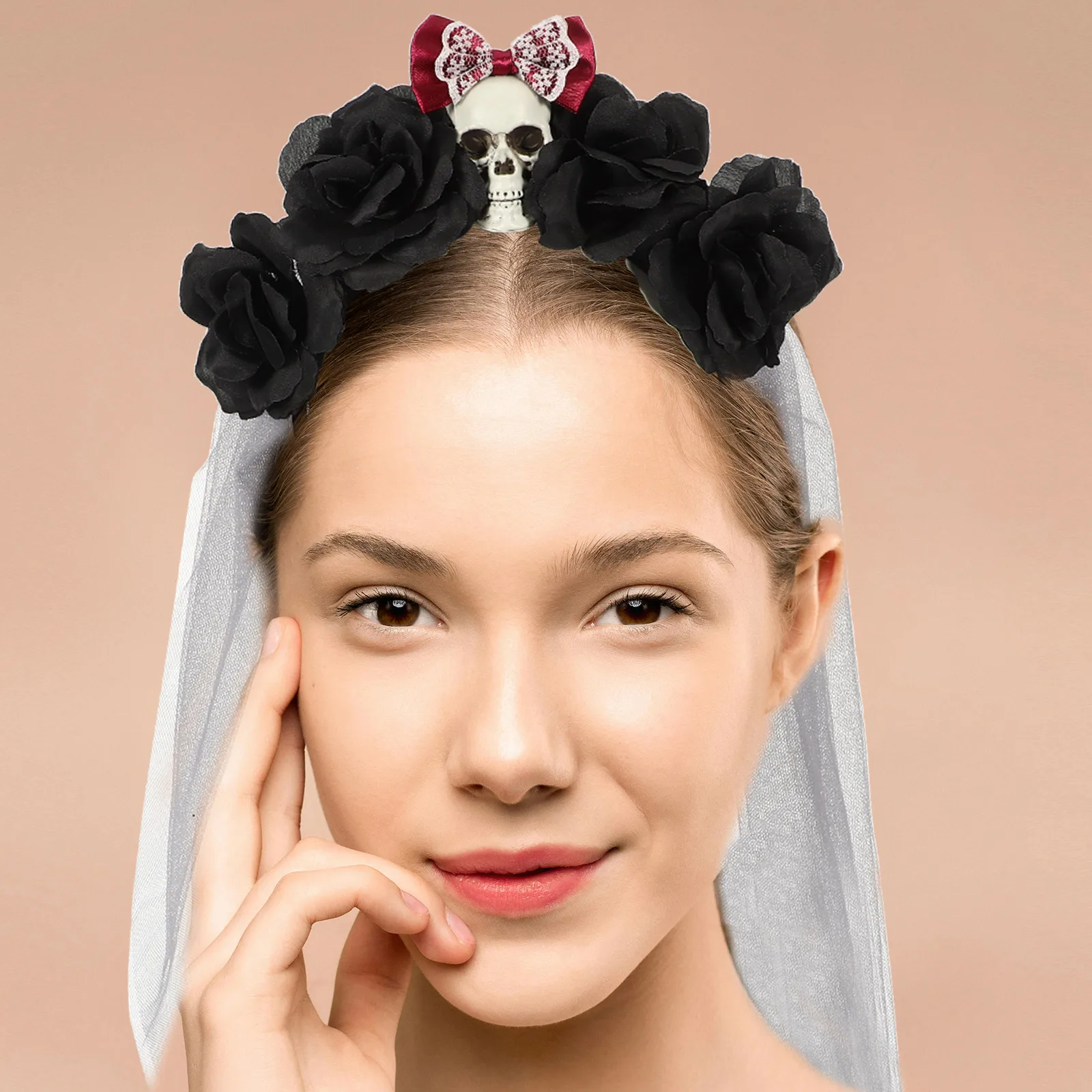 

Skull Headb s Halloween Bride Hairb Black Wedding Hoop Fake Rose Cosplay Headdress Prop Adult Lace Material Safe Durable Party