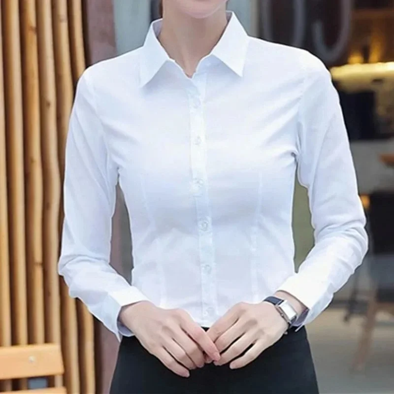 

Elegant Women Shirts Woman White Shirt Long Sleeve Blouse Office Lady business Pink Shirts Button Solid Women work Blouses Tops