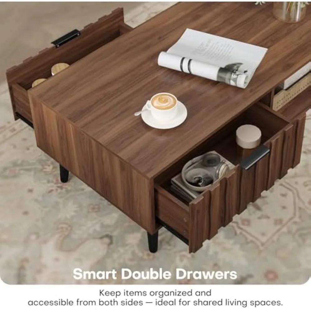 

Century Modern Coffee Table with Grooved Drawers and Open Storage, 47" Walnut MDF Wood Center Table with Black Solid Wood Le