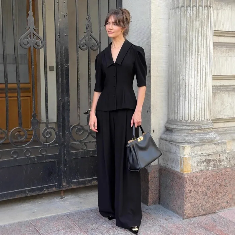 Womens Two Piece Set Black V Neck Half Sleeve Fitted Waist Longline Top and Pants New Spring Fall Casual Style Chic Unique Niche