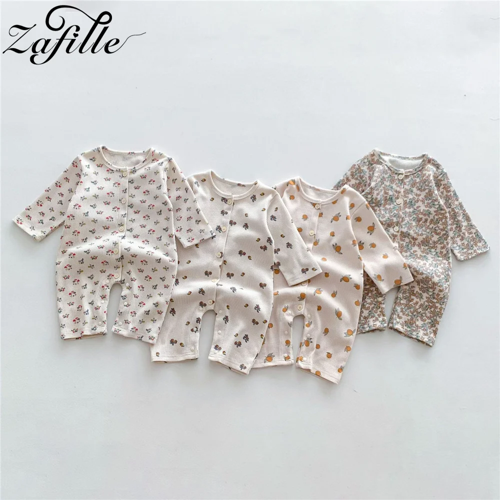 

ZAFILLE Spring Newborn Girls Baby Clothes Waffle Floral Print Baby Boy Romper Long Sleeve Jumpsuit For Kids Korean Style Outfits