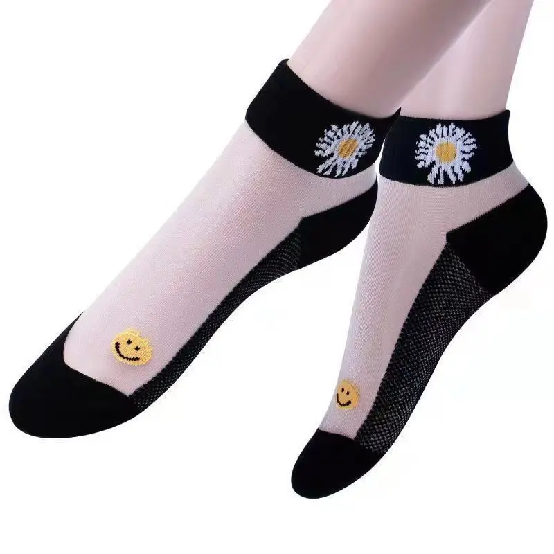 5 Pairs Daisy Pattern Socks, Soft & Lightweight Mesh Short Socks, Women\'s Stockings & Hosiery