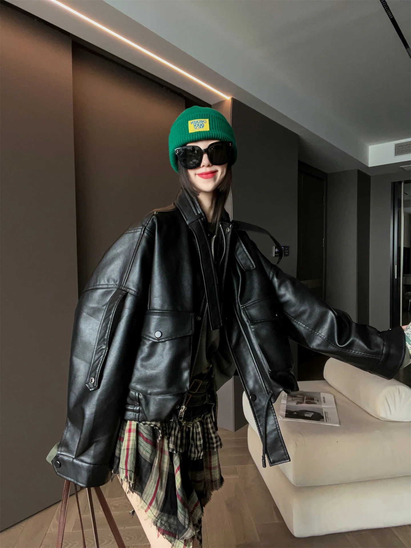 Modieus of dun leer gemaakt jack voor dames herfst winter losse veelzijdige kleine maat top MRS AO casual sle-rits...