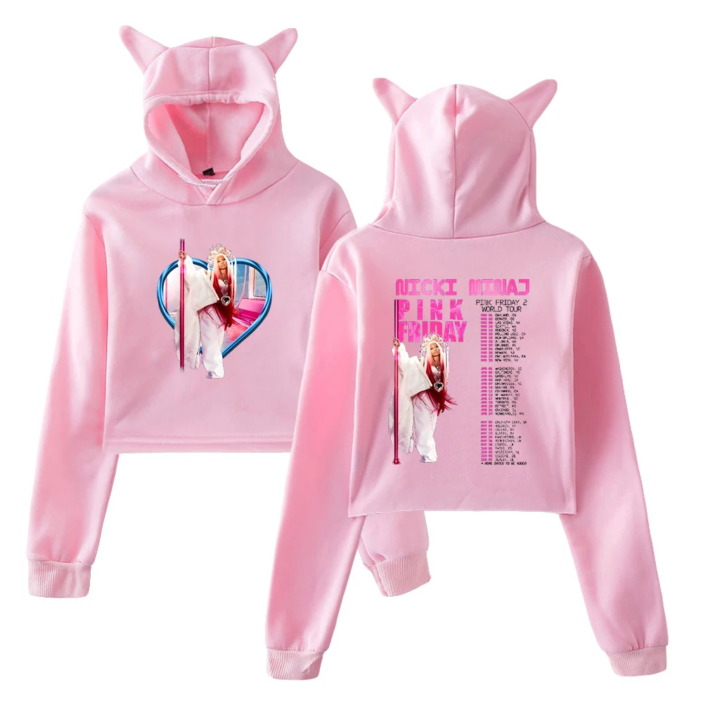 

Nicki Minaj Pullover Pink Friday 2 World Tour Merch Female Cat Ears Hoodie Long Sleeve Crop Top Women's Clothes