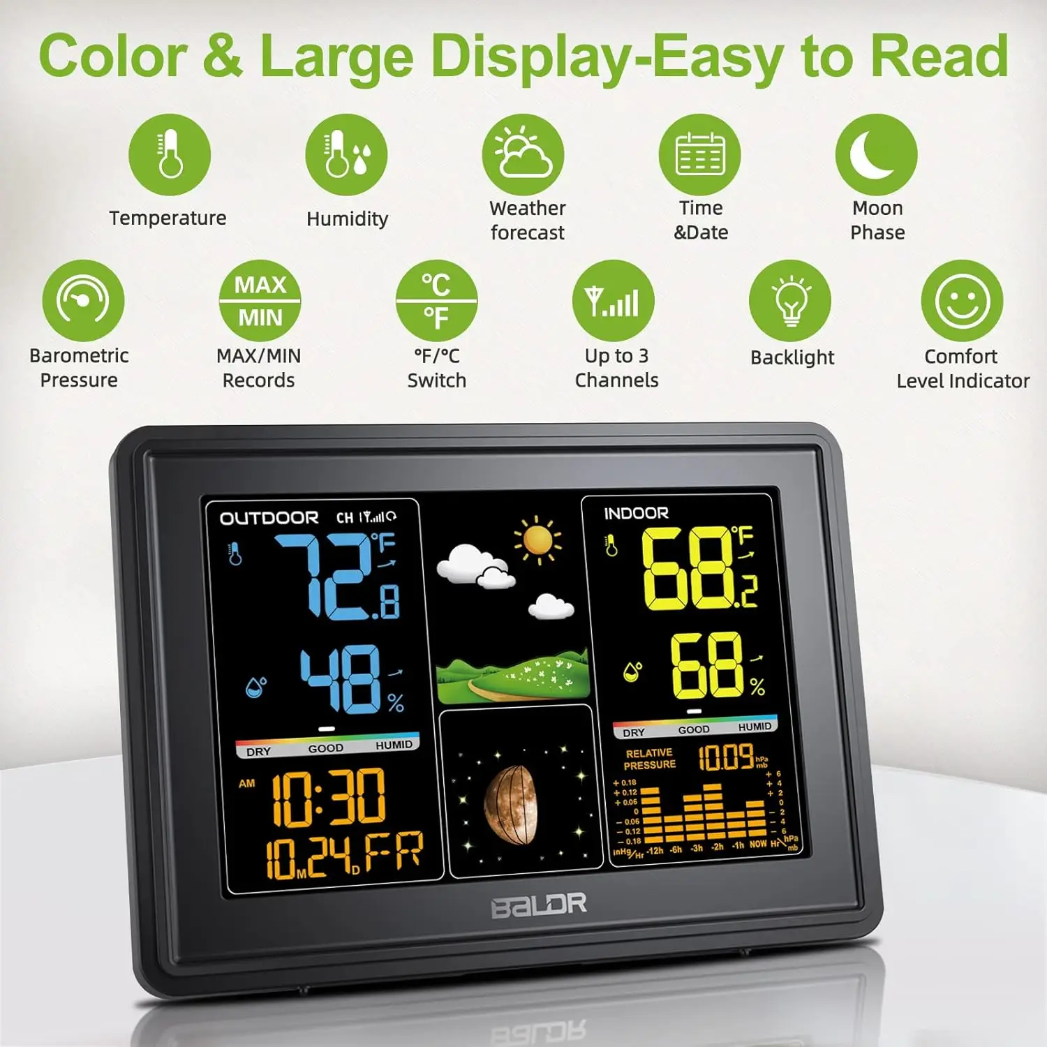 

Weather Station Indoor Outdoor Thermometer Digital Color LCD Moon Phase Barometric Pressure Temperature Humidity Monitor