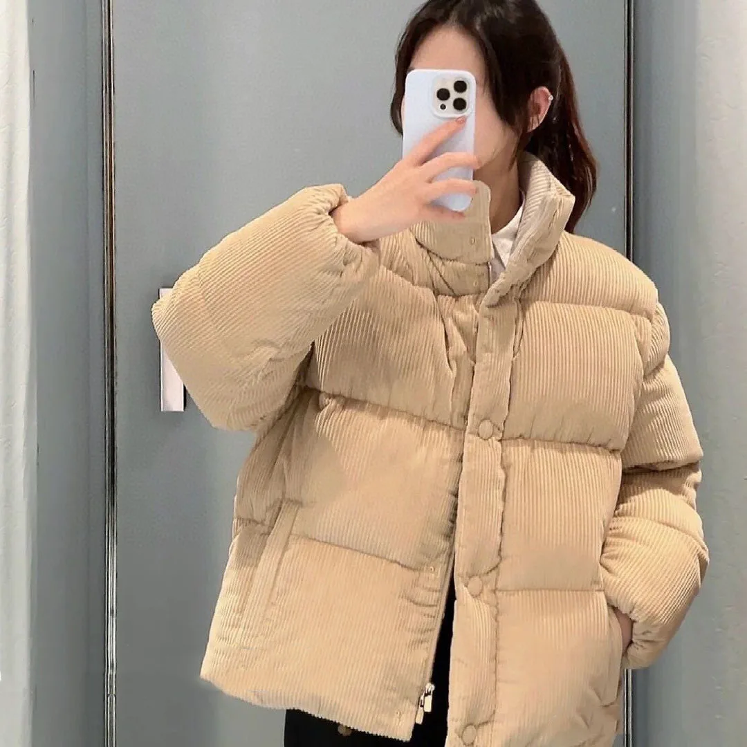 2024 New Fashion Winter 90% White Duck Down Coat Women Beige Corduroy Stand Collar Stripes Quilting Bread Style Loose Jacket