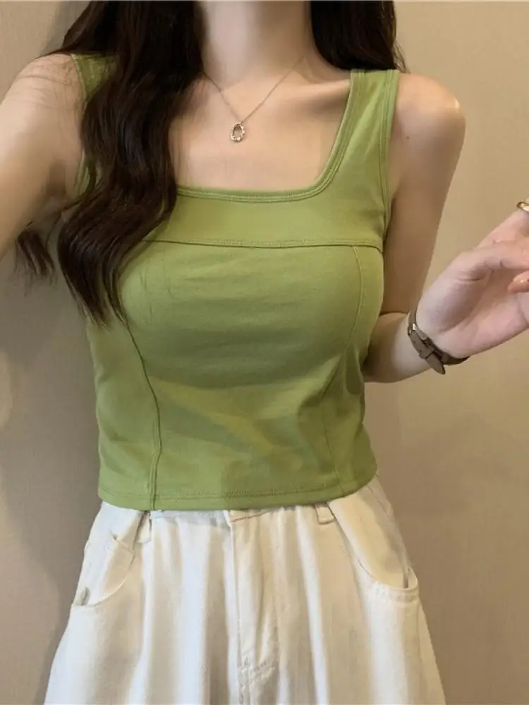 Green Wide Strap Square Collar Vest Women Summer Inner Wear Integrated Outerwear Sleeveless Top Short Style Commute Style