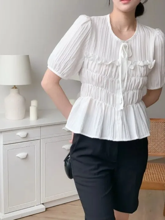 

Fashionable Sweet Short Sleeve Waist-Cinching Slimming Short Top Versatile Korean Style round Neck Shirt for Women Daily Wear