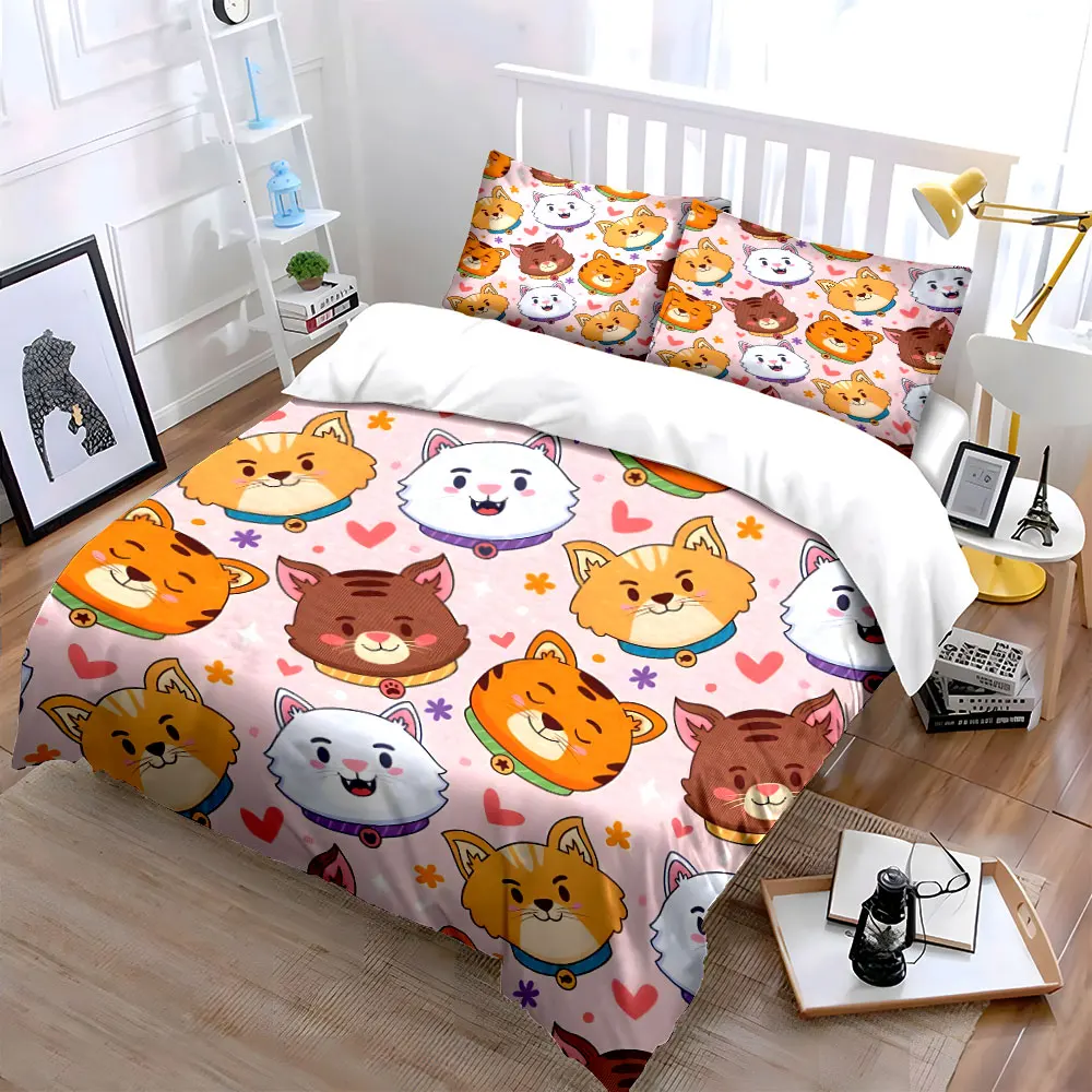 3Pcs Kawaii Mixed Cat Face Heart Duvet Cover Set, Pastel Pink Kids Kitty Bedding Includes 1 Duvet Cover And 2 Pillowcase, Gift view 2