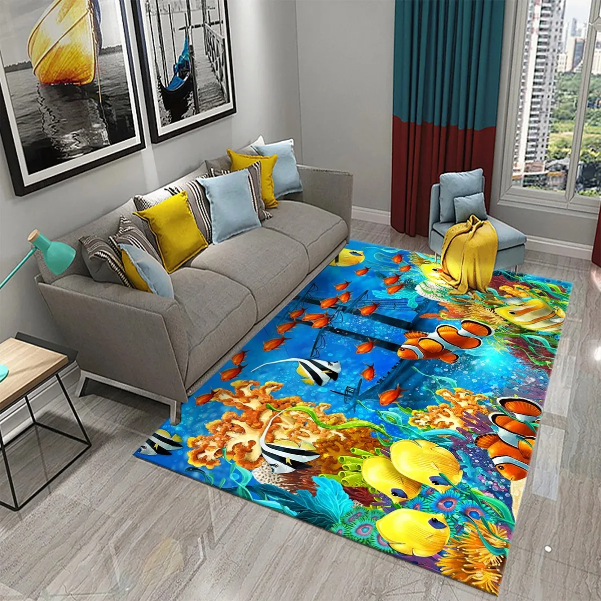 3D Underwater World Marine Life Carpet Home Decoration Bedroom Living Room Carpet Room Bedside Soft Non-Slip Floor Mat Door Mat