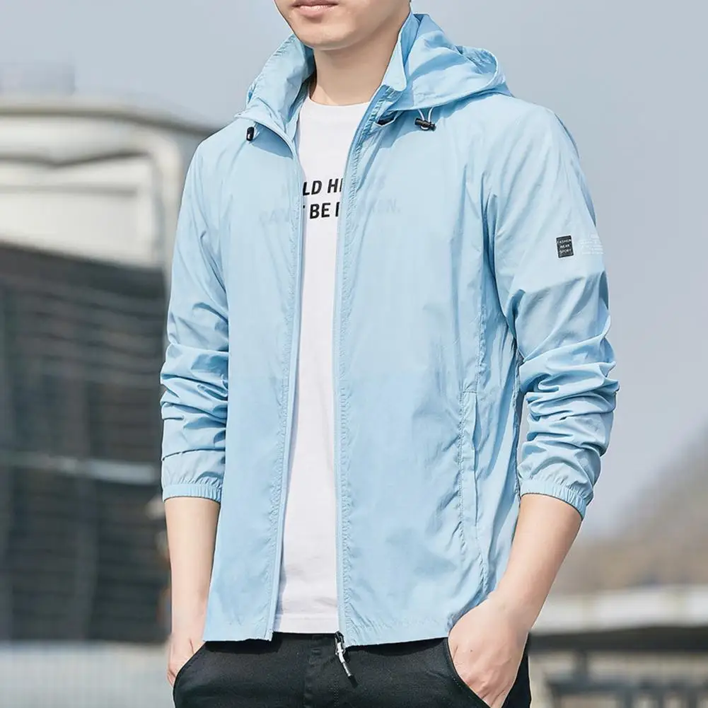 Sun Jacket Solid Color Long Sleeve Hooded Anti UV Men Coat Summer Zipper Quick Dry Elastic Cuff Breathable Jacket