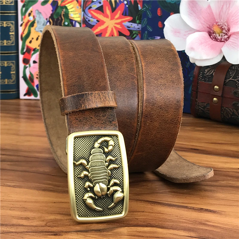W stylu Vintage mosiądzu klamry pasa pasek z prawdziwej skóry mężczyzna Ceinture żółty pas Cowboy Jeans mężczyzn "pas długi 130CM pasek spodni MBT0006 — zdjęcie 6