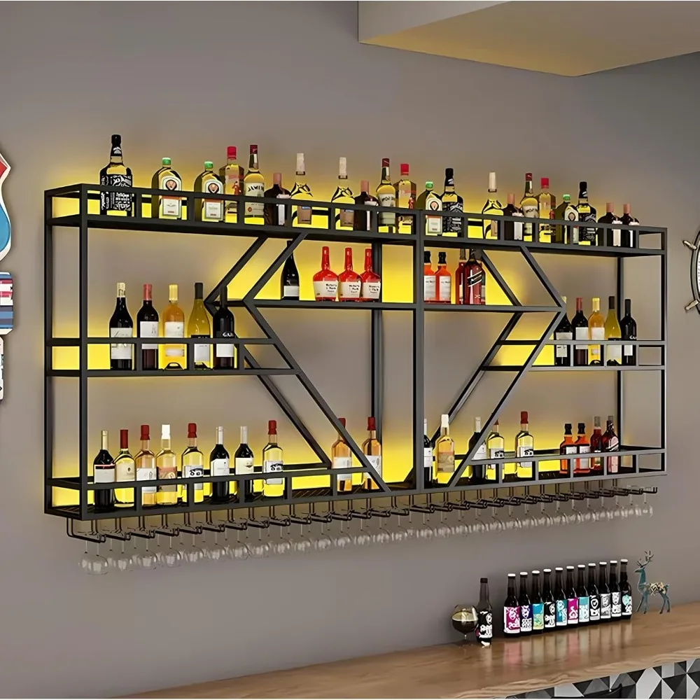 

63in Large Wine Rack Wall Mounted with Wood Liquor Bottles Floating Shelves Display Storage Organizer Shelf Heavy Duty Hanging F