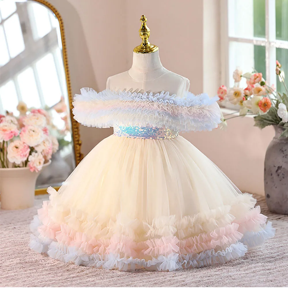 

HETISO Baby Girl Princess Off Shoulder Dress Sequined Champagne Tulle Children Party Wedding Birthday Gown Kids Frocks 1-4Y
