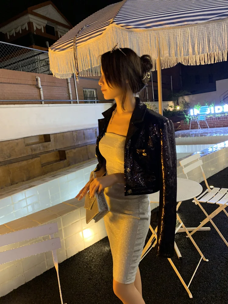 

Bla ort Suit Jaet Women's Sparkling Chic Biker Top Button Detail Polyester Fiber Long Sve Formal Sle Spring New