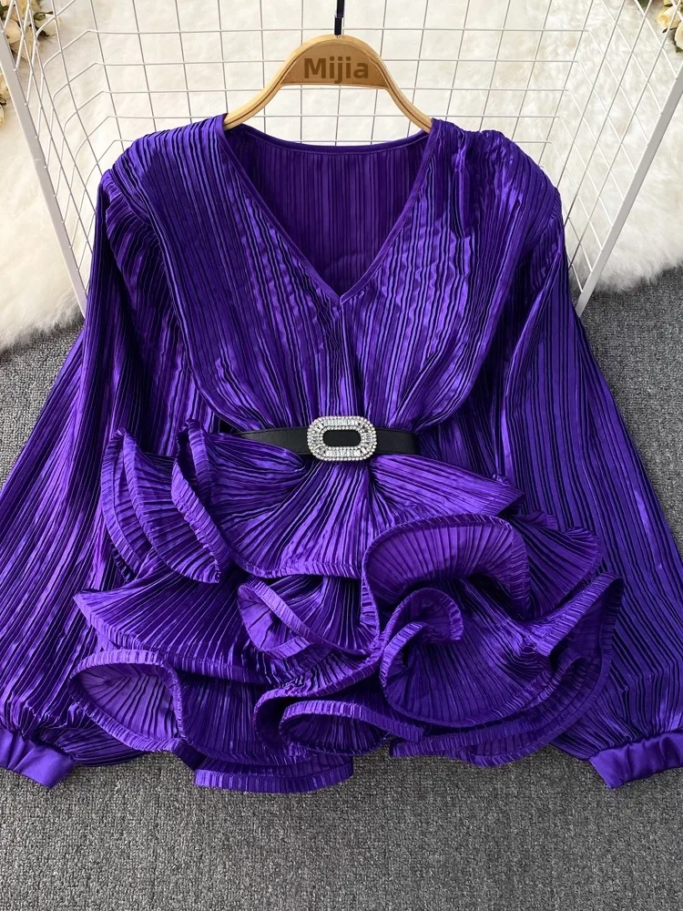 

Loose Long Sve V-Ne Lantern irt Women's Faionable Top Spring Autumn Button-Down Slim Fit Korean Sle Pure Color
