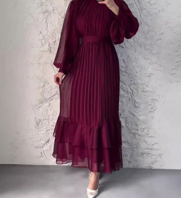 Spot New Shijiazhuang Southeast 2024 Fashionable Monochrome Mesh Patchwork Pleated Long Sleeved High Waisted Pleated Dress