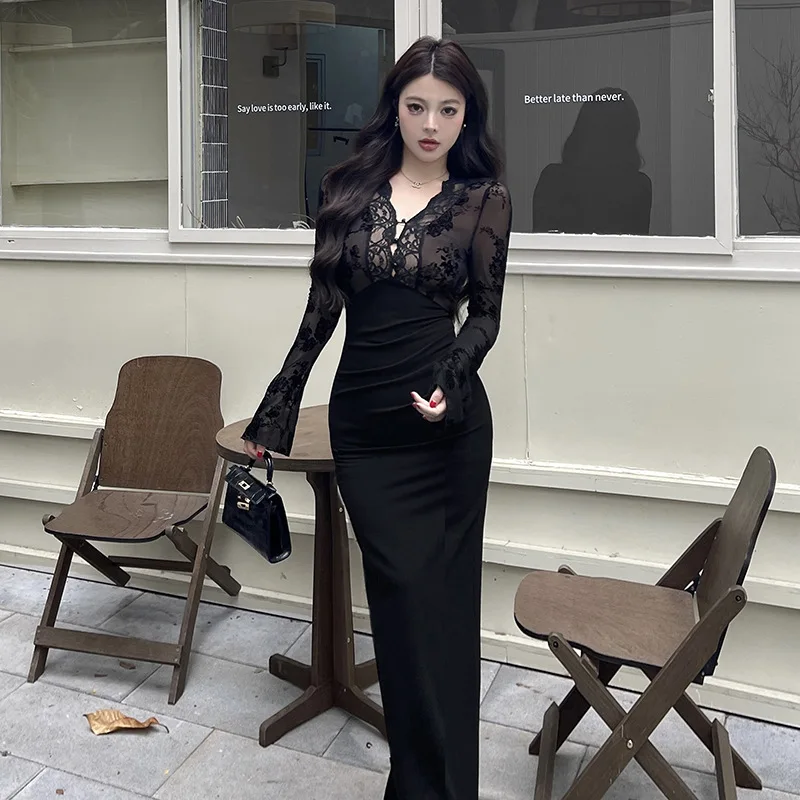 우아한 여성용 블랙 바디콘 머메이드 이브닝 가운 컷아웃 디자인 허리 슬림핏 백 슬릿 클럽 파티 프롬 드레스 로브 니치