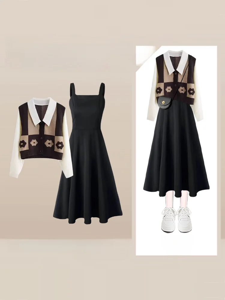 

Комплект из двух предметов: вязаный топ и юбка для женщин, с эффектом похудения, с длинными рукавами, с цветочным принтом, средней длины