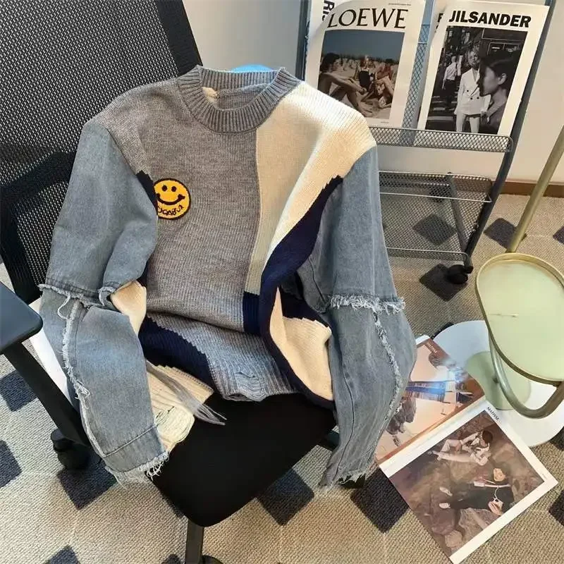 Loose sweater female design sense niche cowboy female autumn and winter Korean new stitching outerwear knit bottoming shirt