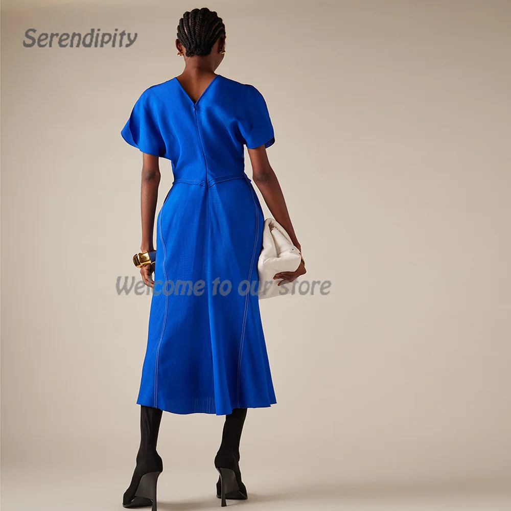 Serendipity abito da sera semplice muslimagnades cattero a-line elegante abito da ballo con scollo a o increspato in raso blu Cocktail Party per