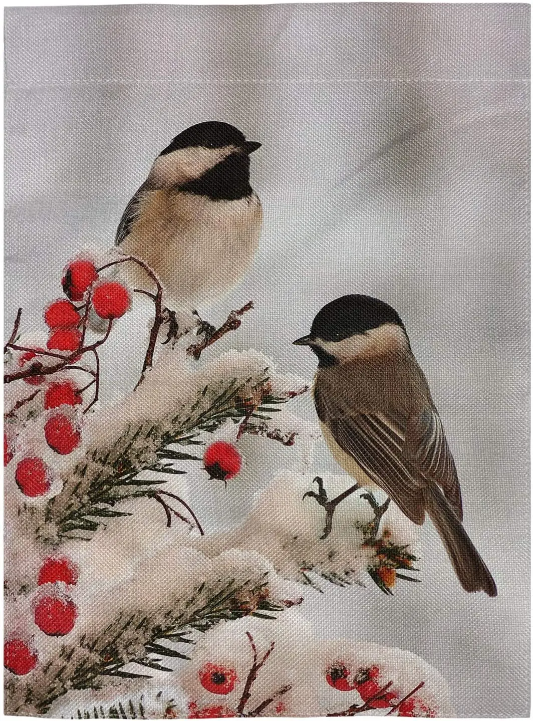 Double Sided White Black Tow Cute Chickadees in Winter Snow Burlap Garden Flag Banner 12.5