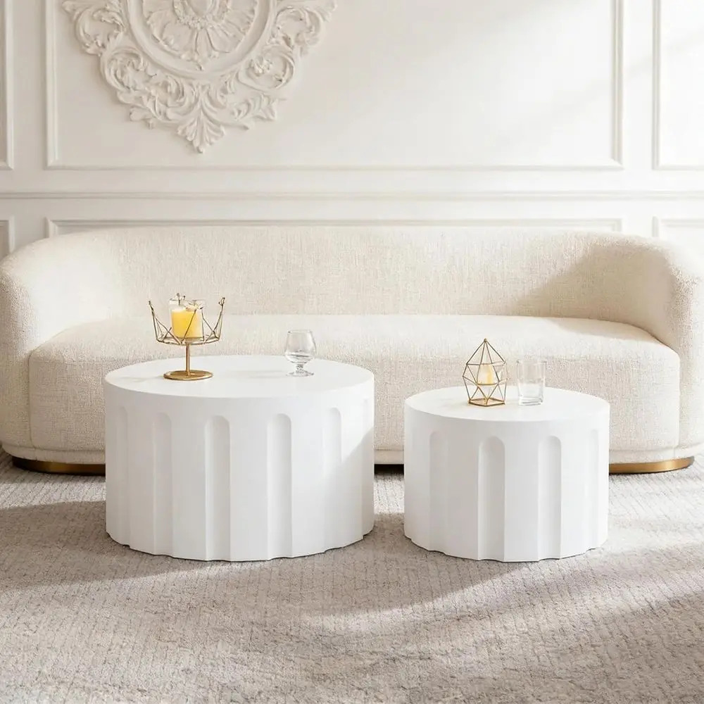 

Circular Nesting Coffee Table Set, Handcrafted Wooden Drum Accent Tables for Living Room, No Assembly Required (White)
