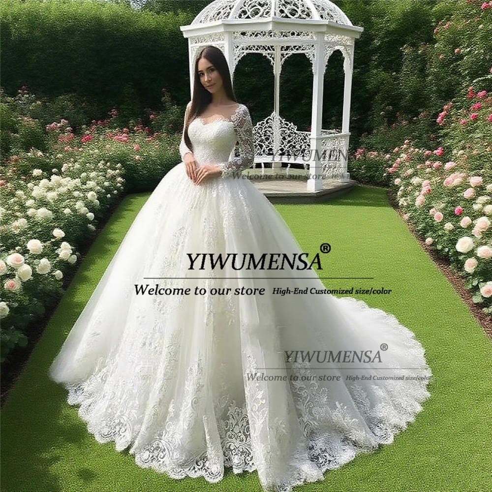 Aso Ebi Koronkowe Aplikacje Suknie Ślubne Balowe z Koralikami dla Panny Młodej Długie Rękawy Dekolt O Suknie Ślubne Odzież Damska