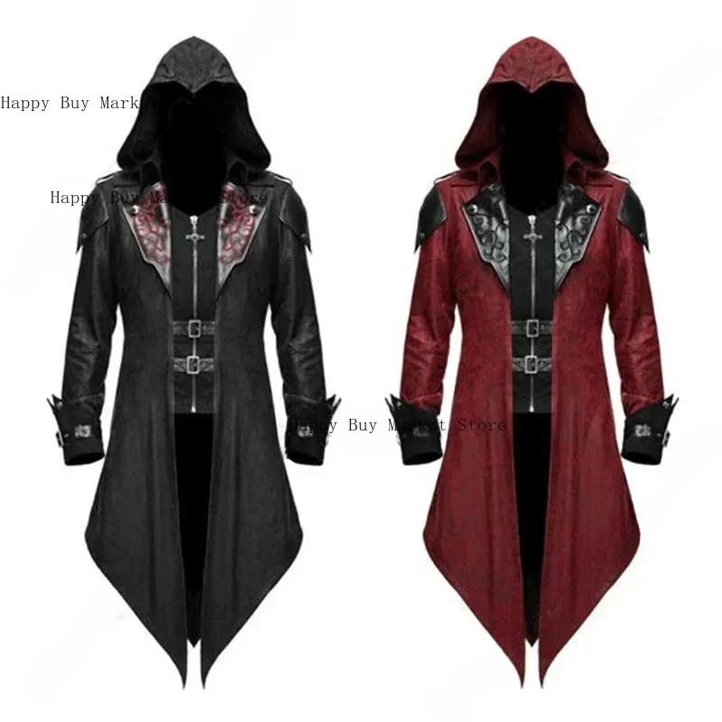2-farbiger Assassin Cosplay Mittelalterlicher Mann Streetwear Kapuzenjacken Outwear Kostüm Edward Assassins Creed Halloween-Kostüm