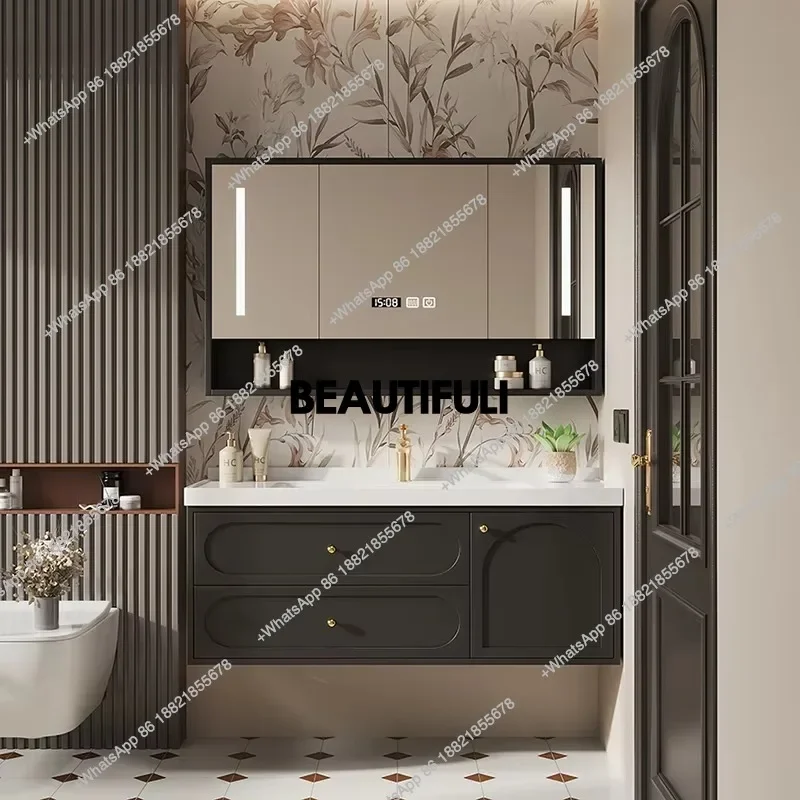 F186 الطلاء البلوط خزانة حمام المرحاض الأمريكي بسيط الأبيض خزانة حمام المرآة البالونية Meuble Salle De Bain Rangement Furni