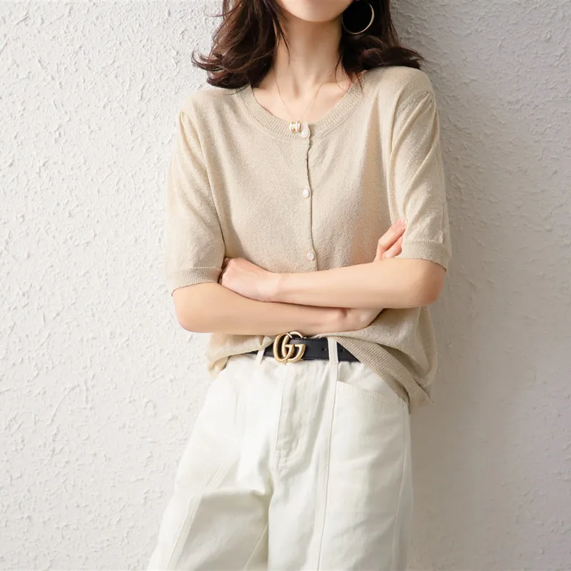 Ice Linen Gold Silk Cardigan Short Sleeved Luxurious Women\'s Spring/Summer Solid Color Round Neck Jade Button Knitted Top