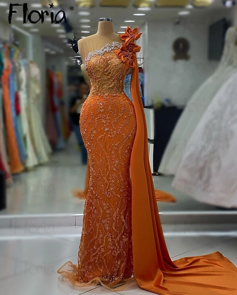 Orange One Cape Sleeve Luxury Celebrity Gown Evening Dress African Formal Party Dresses Dubai Beaded Special Occasion Dresses