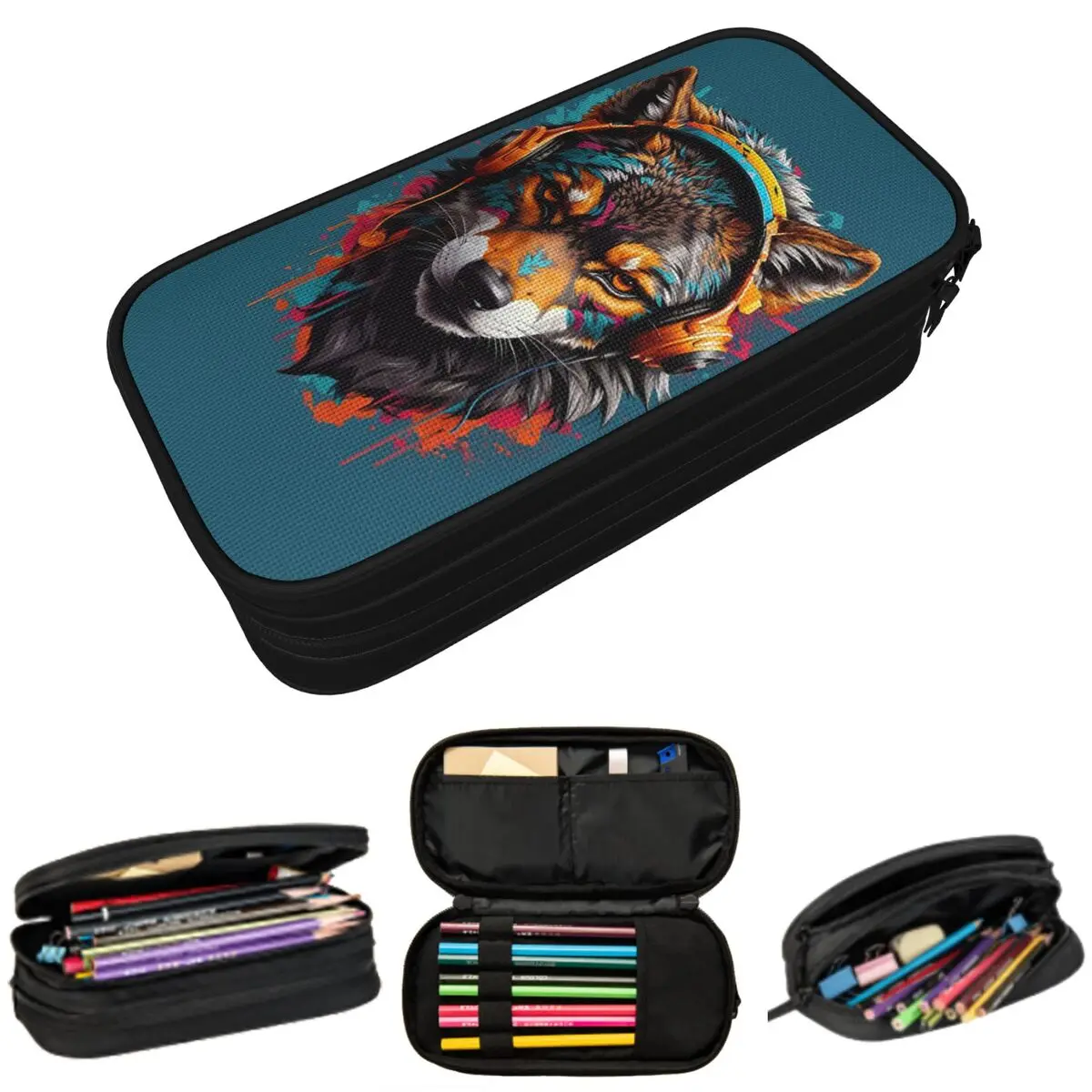 

Colorful Headphone Wolf Printed Pencil Case for Studen Gifts Pen Box Pencil Bag Stationery Supplies Pen Holder Bag