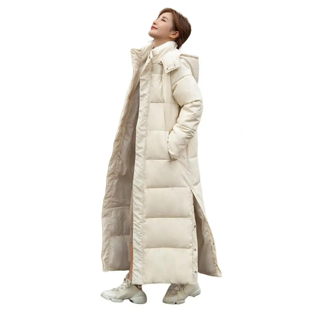 2024 Oversized Coat Hooded Long Sleeve Pockets Side Slit Hem Down Jacket Pockets Thickened Long Warm Down Cotton Outwear