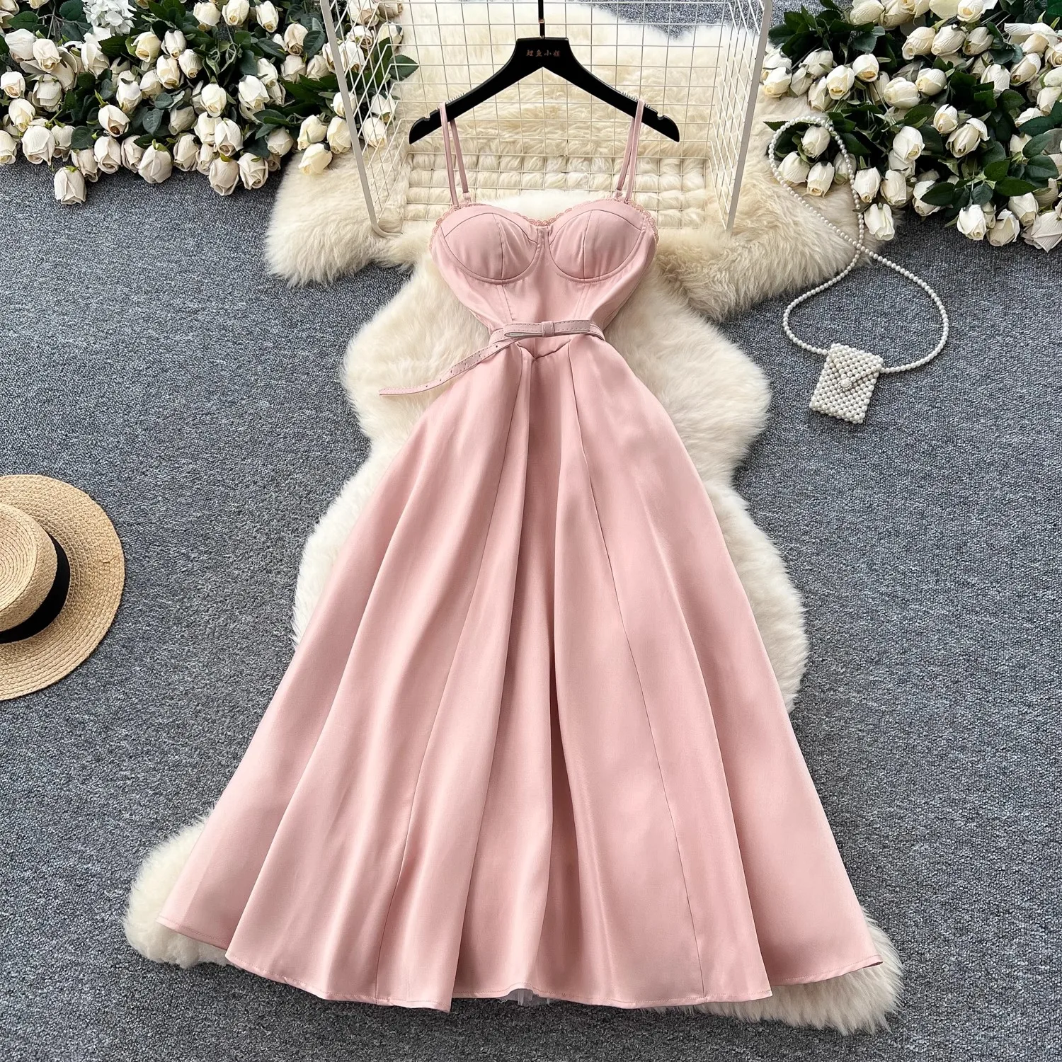 Summer Holiday Prom Wedding Dress Women Sexy Backless Trims Chest Pad Wrap Corset A Line Pleated Midi Long Dresses