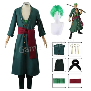 אנימה דמויות roronoa zoro cosplay תחפושת מעיל ירוק אחיד מכנסיים ראש צעיף roronoa עגילי ליל כל הקדושים גברים
